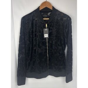 Lucky Brand Trendy Velvet & Sheer zip‎ up jacket style Top NWT size L